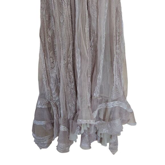 Boho Lace Ruffle Dress Beige Sheer V-Neck Sleeveless coquette elegant whimsical - Picture 3 of 7